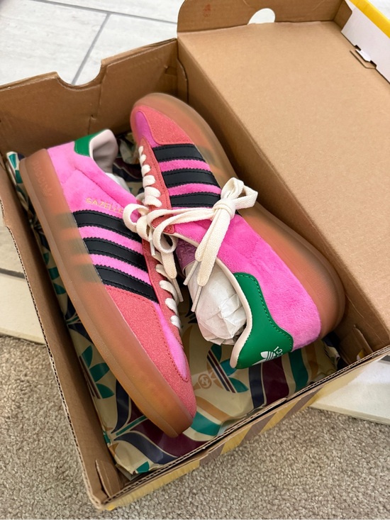 adidas Shoes - adidas Pink and Black Gazelle Sneakers with Green Heel Tab | US size 7